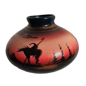 Navajo Pottery Vase End of the Trail Artist Signed 5.5 in Tall Black Horse